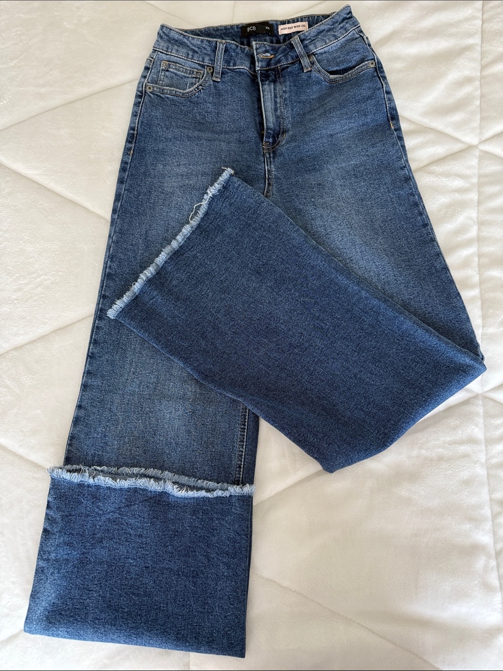 BCBG Dark Blue Wide-Leg Jeans with Frayed Hem